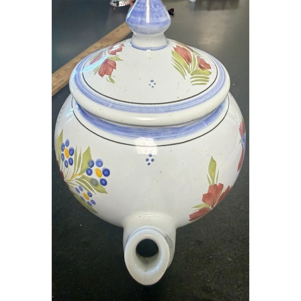 Henriot Quimper France Hand Painted Rooster Floral Large Teapot C2000 Vtg Unused